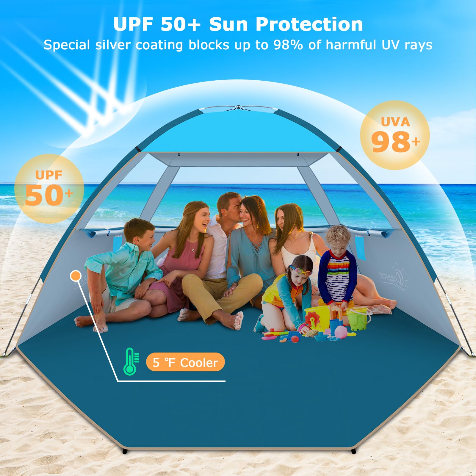 COMMOUDS beach tent front porch highlights extra space for gear and shade seating.