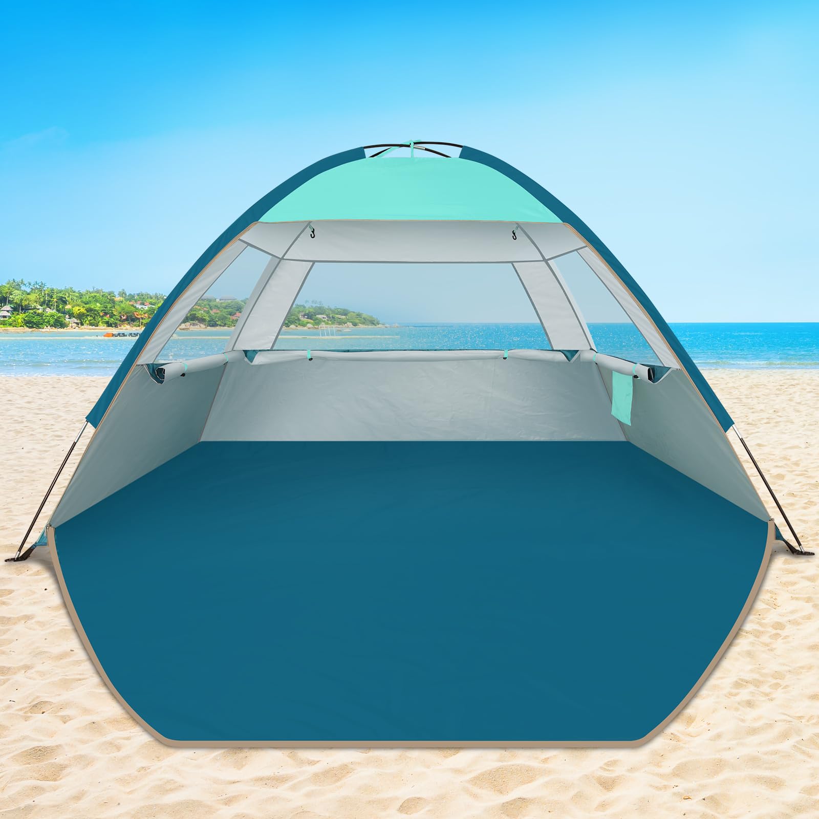 COMMOUDS beach tent front porch view showing extended shade space