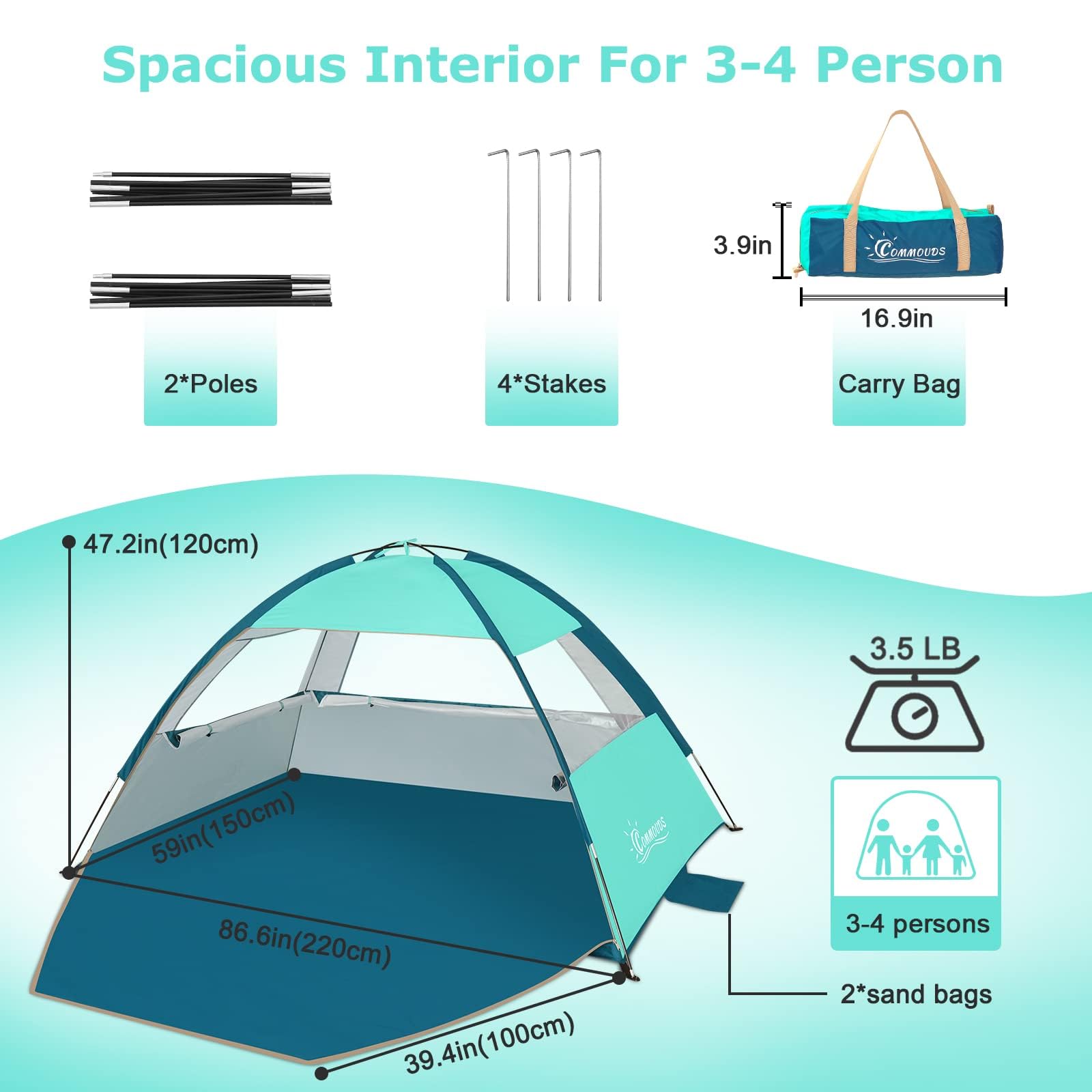 COMMOUDS beach tent interior space for family time and gear