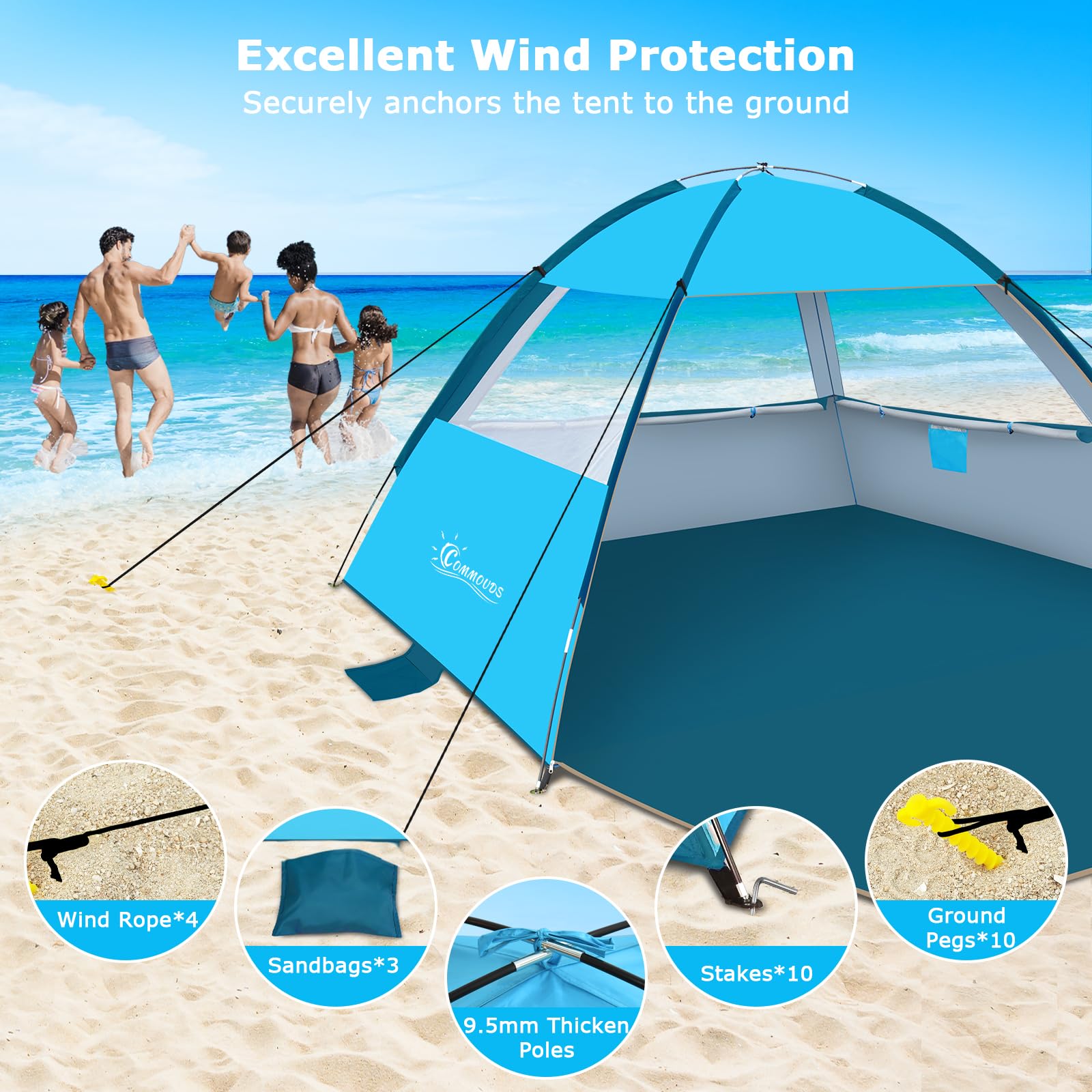 COMMOUDS beach tent portable folded design fits compact bags for easy travel.
