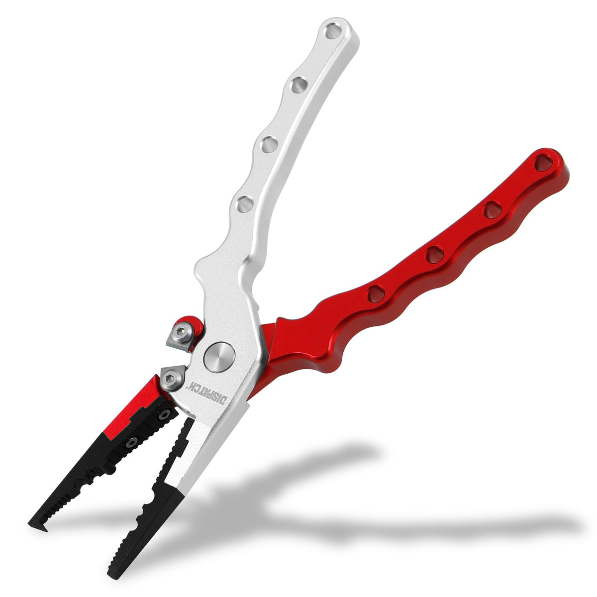 Compact 6.8-inch fishing pliers with red/white handle (front view)