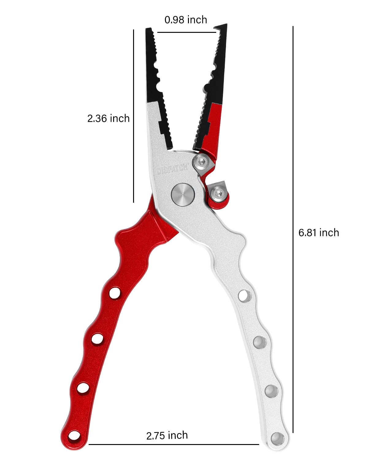 Compact 6.8-inch fishing pliers with red/white handle (side view)