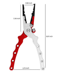 Compact 6.8-inch fishing pliers with red/white handle (side view)