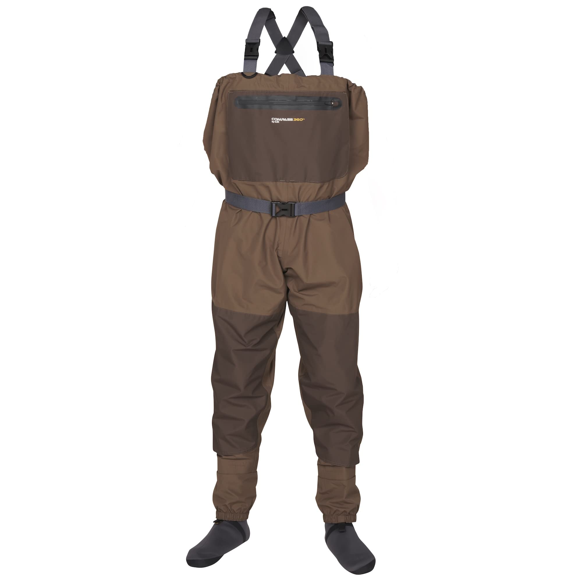 Compass 360 Deadfall chest wader front view with durable, water-resistant fabric for all-day river wading