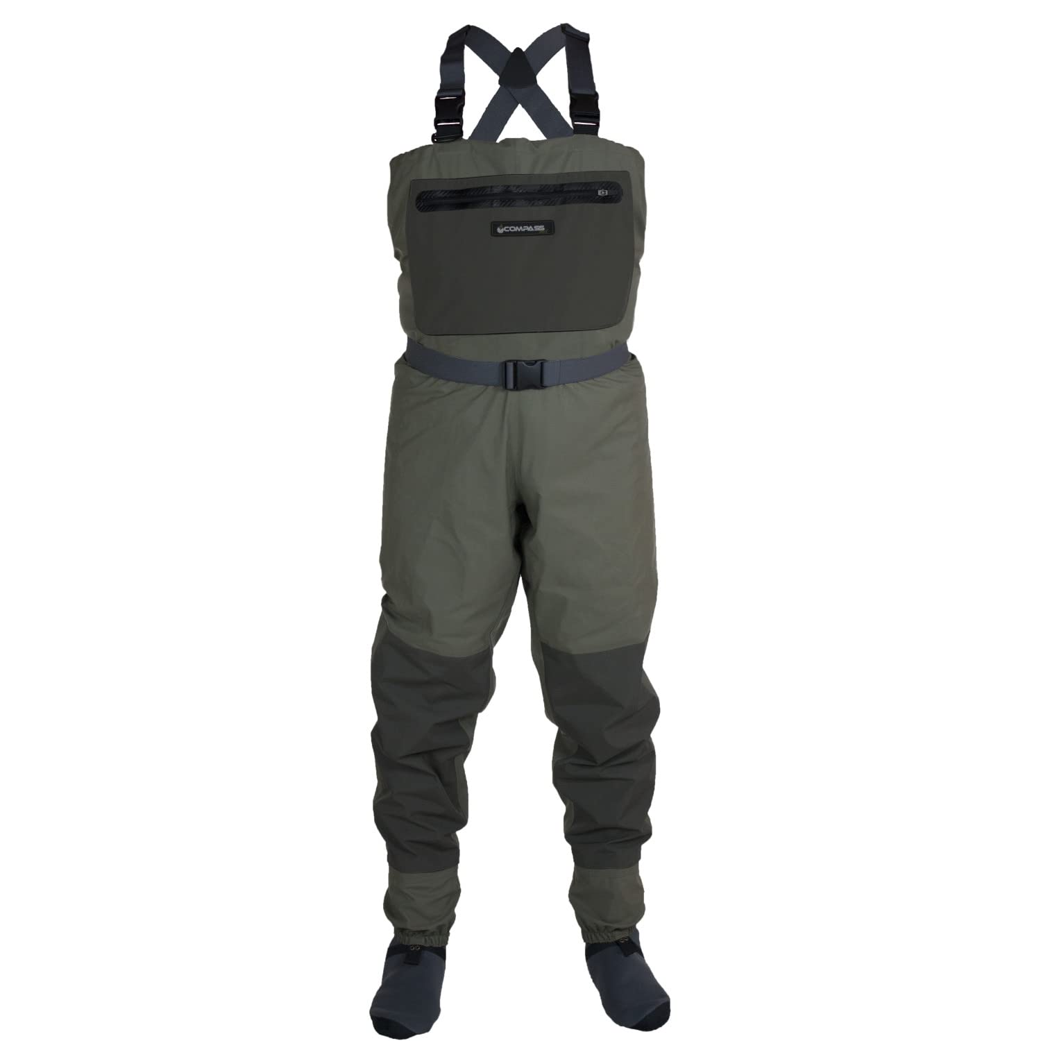 Compass 360 Deadfall wader front view highlighting breathable fabric for all-day comfort.