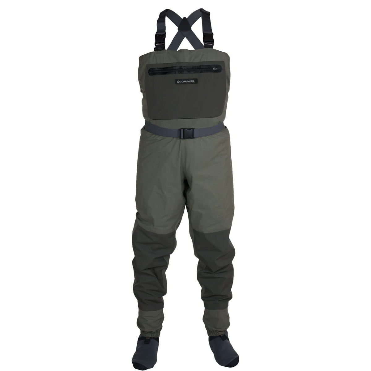 Compass 360 Deadfall wader front view highlighting breathable fabric for all-day comfort.