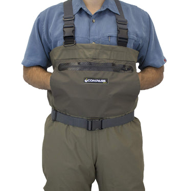 Compass 360 Deadfall wader knee reinforcement for rugged river use and long-lasting wear.