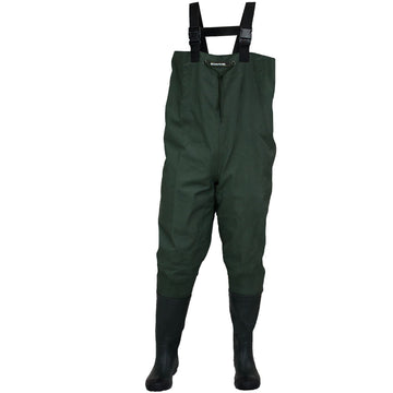 Compass 360 Oxbow poly/rubber wader front view for rugged durability during river fishing.