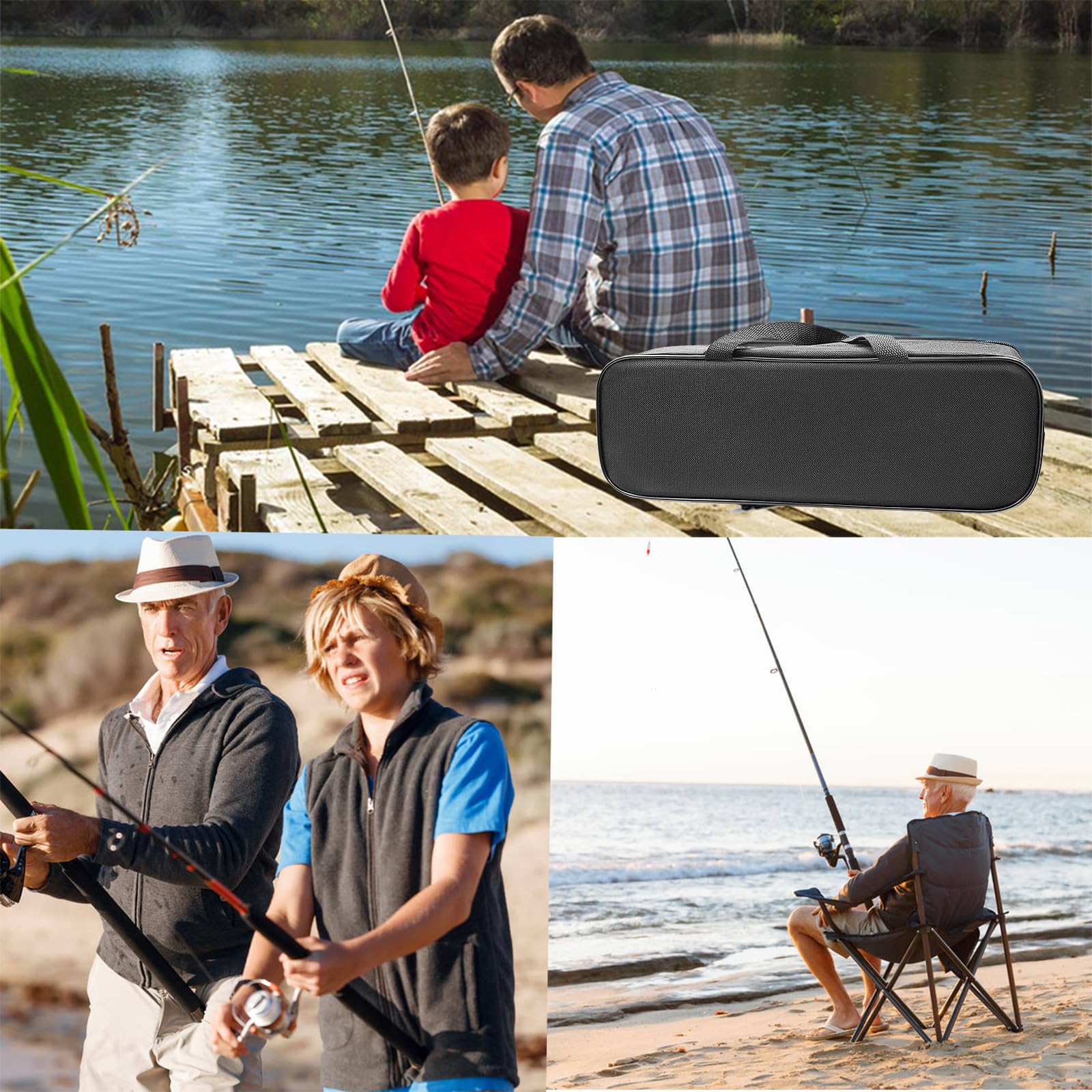 Complete fishing kit packaging with rods, reels and accessories