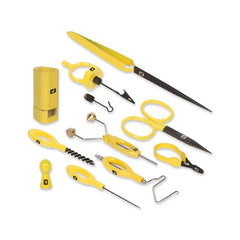 Complete Fly Tying Tool Kit by Loon Outdoors opened to reveal essential tools on the bench
