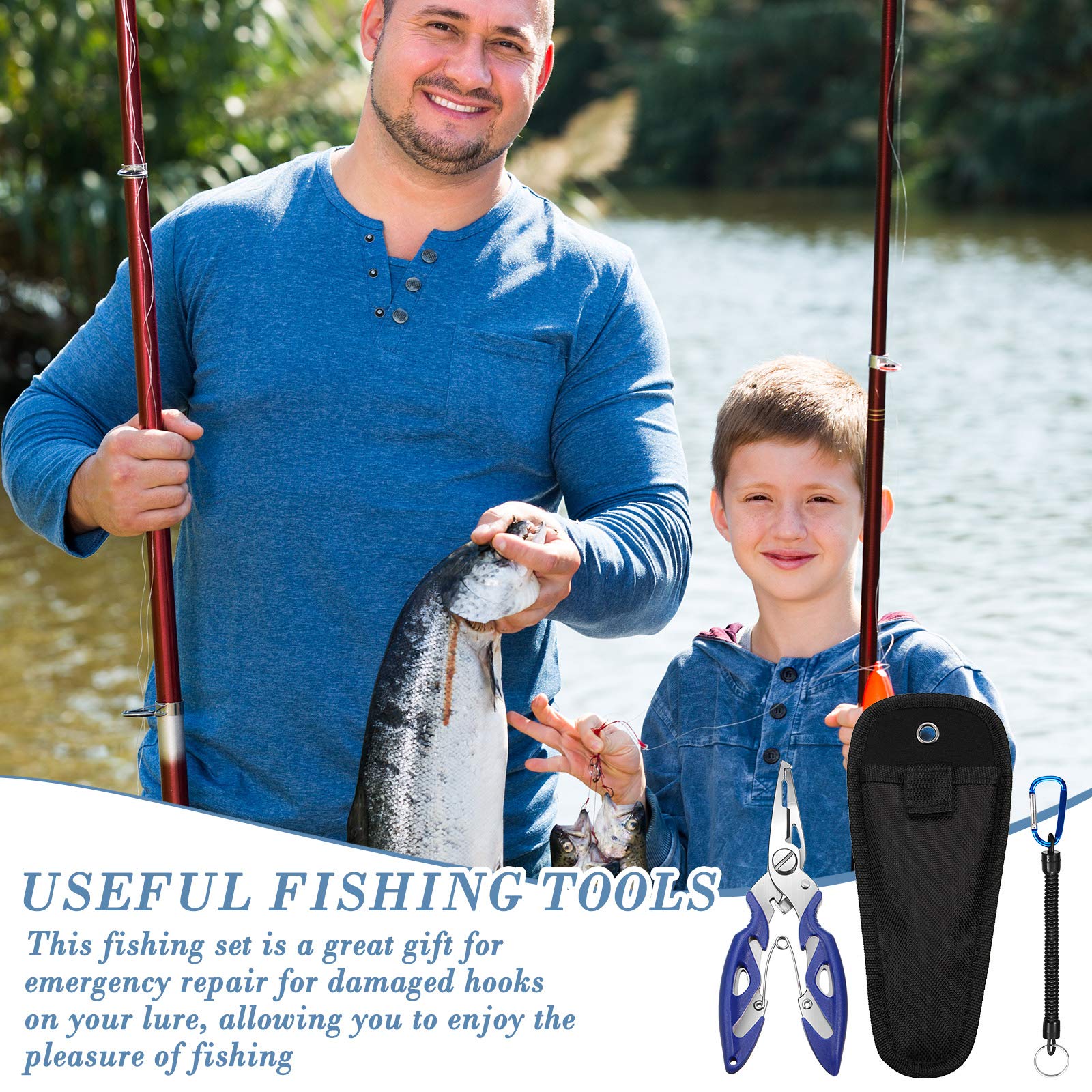 complete fishing tackle set with rings, hooks, pliers, lanyard and eyes