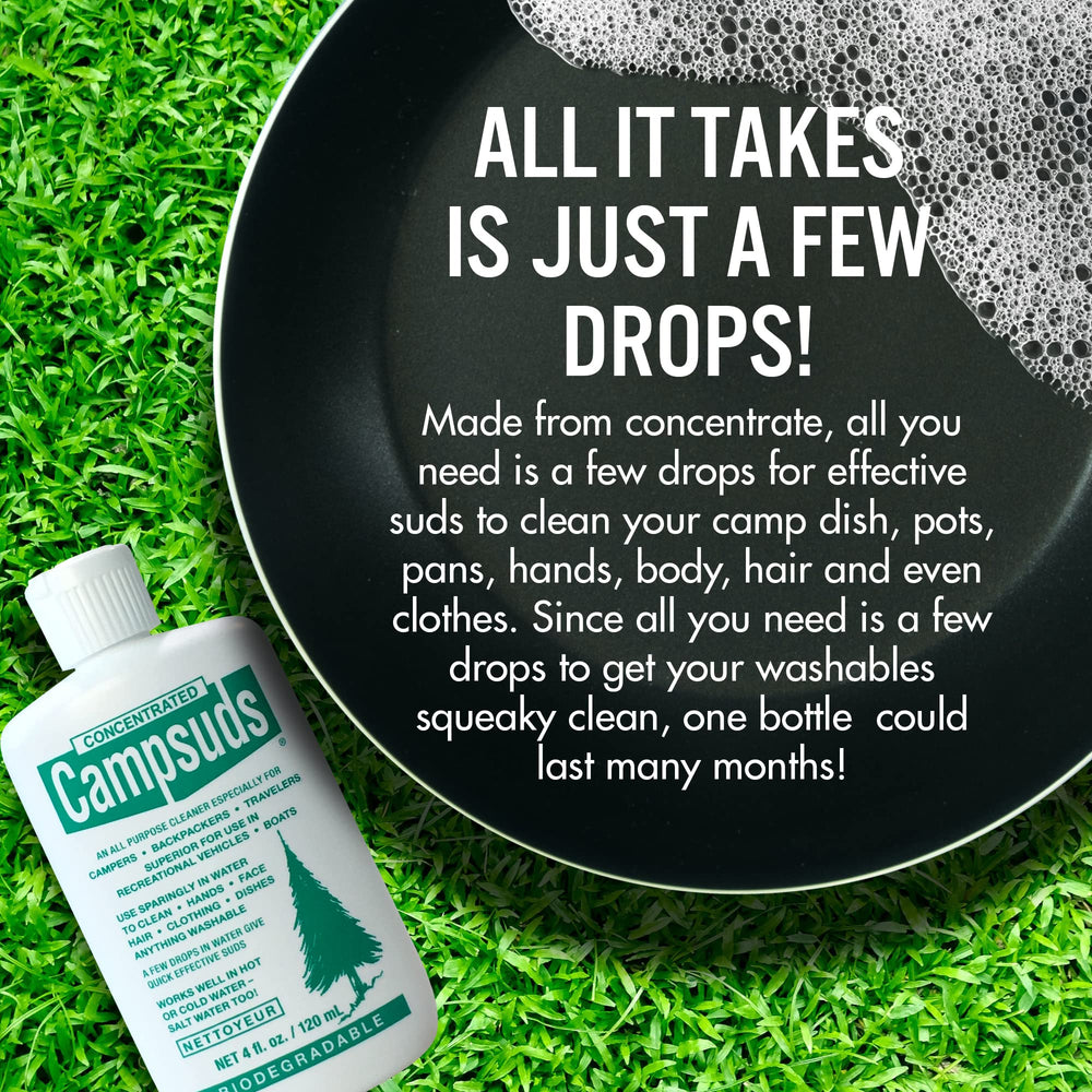 Concentrated Campsuds camping kit scene shows compact, versatile cleaner for travel.