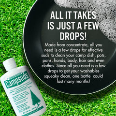 Concentrated Campsuds camping kit scene shows compact, versatile cleaner for travel.
