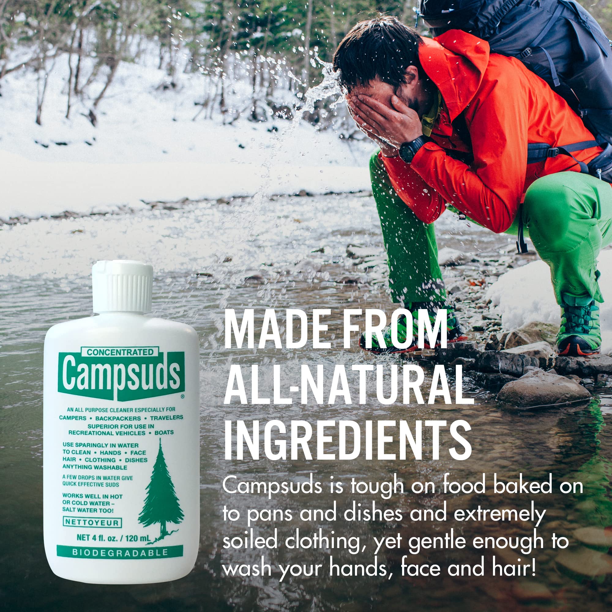 Concentrated Campsuds pine scent for campsite cleaning with a light natural fragrance.