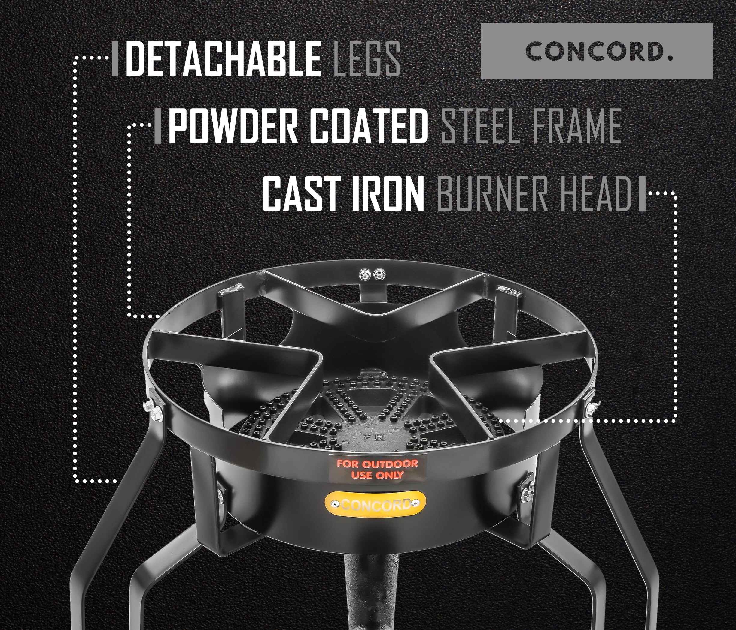 Concord Banjo high-pressure regulator with CSA-certified hose ensures safe operation.