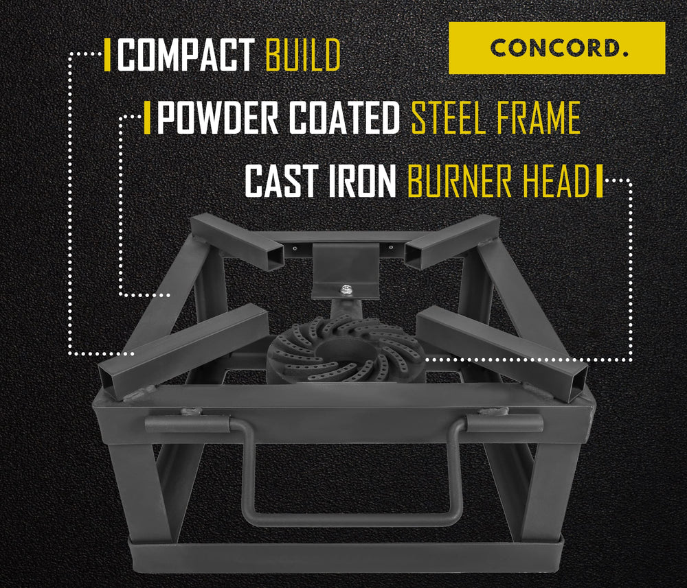 Concord Block Burner features high-pressure regulator and hose for stable flame control.
