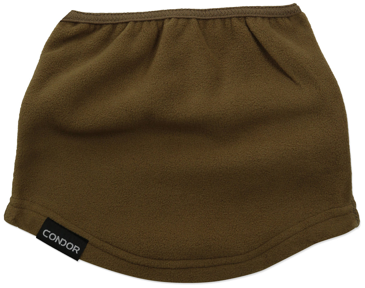 Condor Thermo Neck Gaiter Tan worn as a windproof neck warmer during cold outdoor activities.