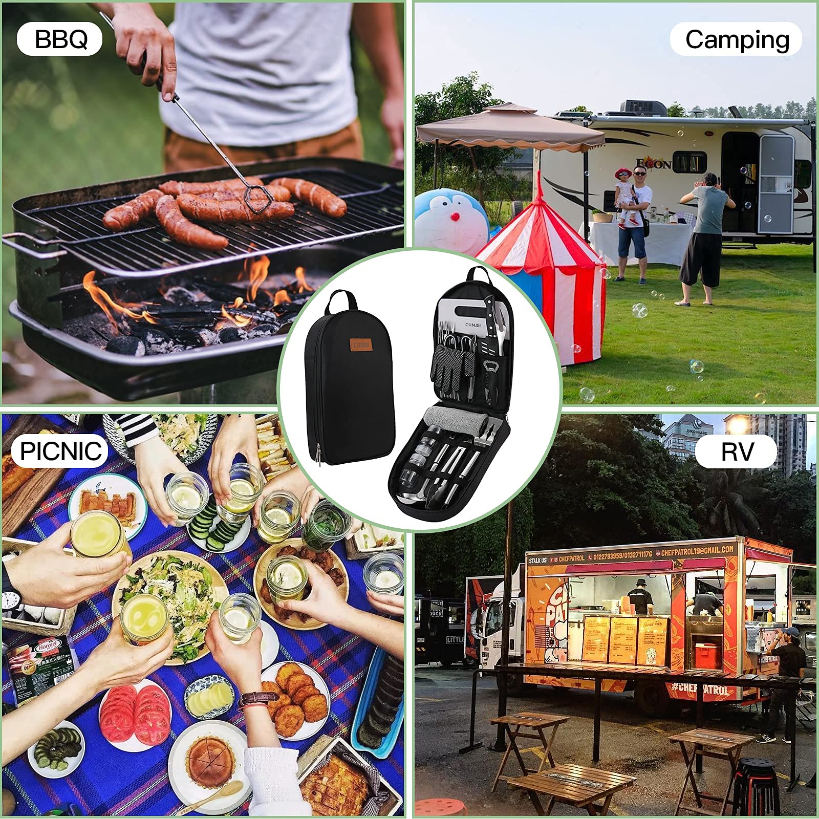 CONJGI non-slip gloves detail emphasizes secure handling in windy camp kitchens