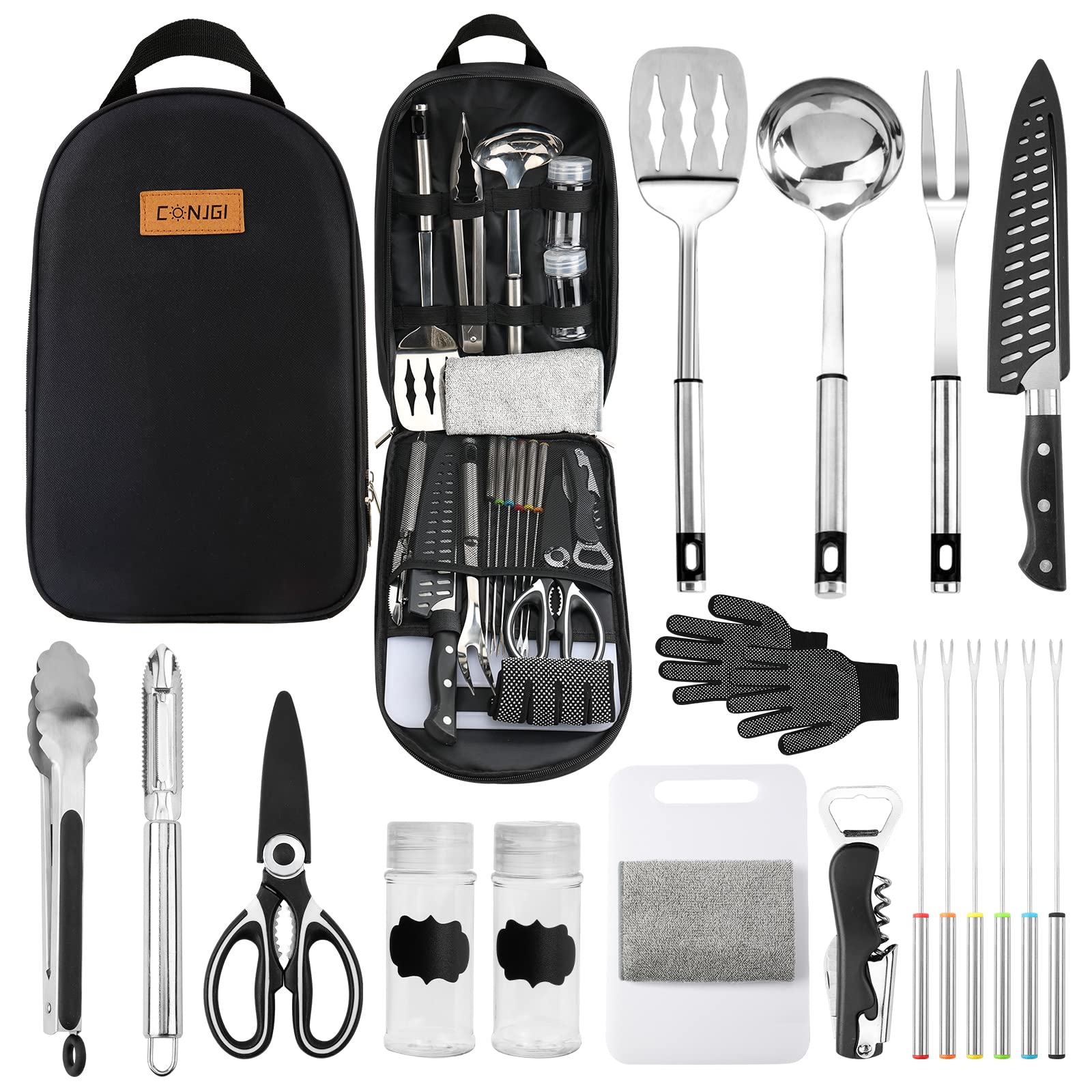 CONJGI portable camping utensils set front view highlights complete outdoor cooking kit for trips
