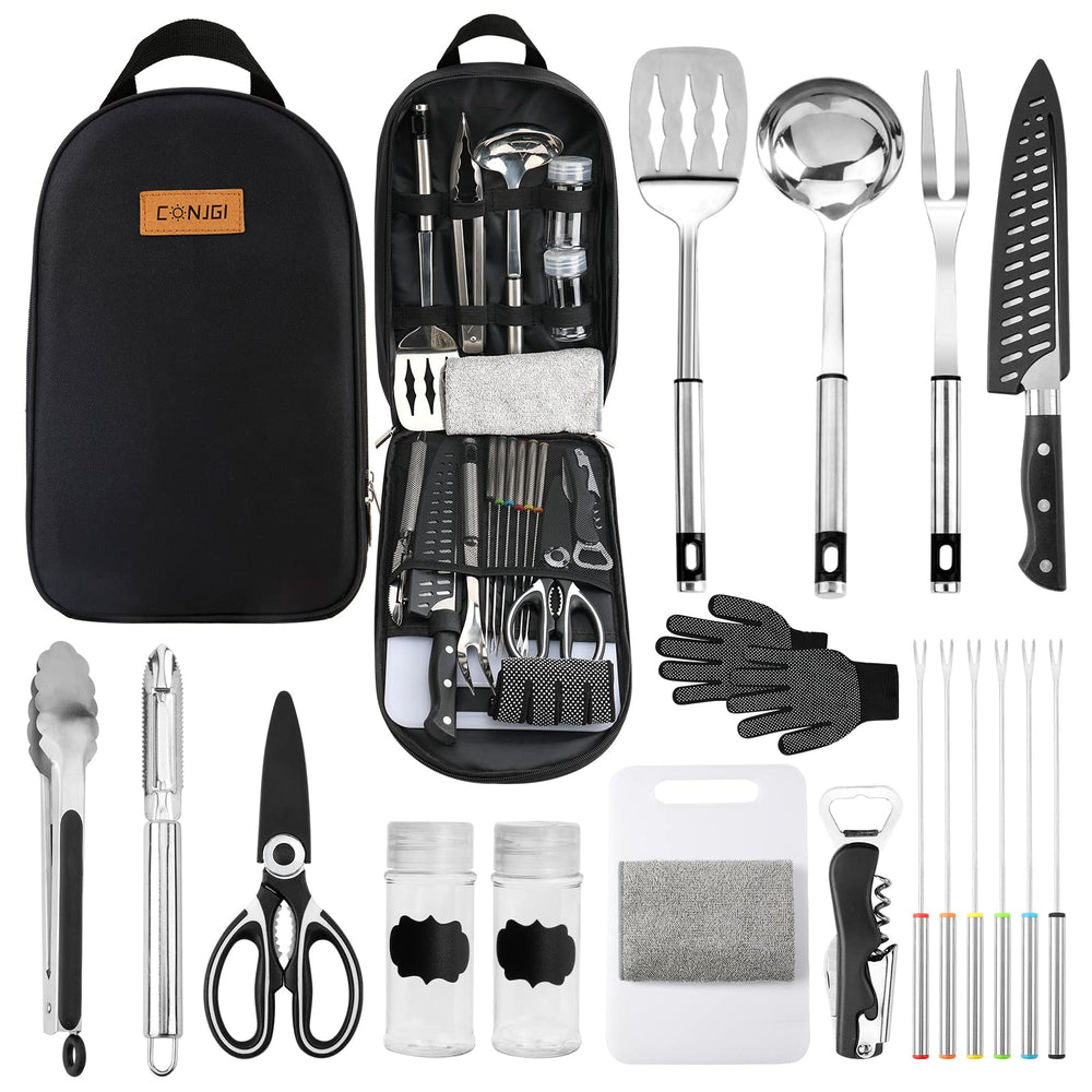 CONJGI portable camping utensils set front view highlights complete outdoor cooking kit for trips