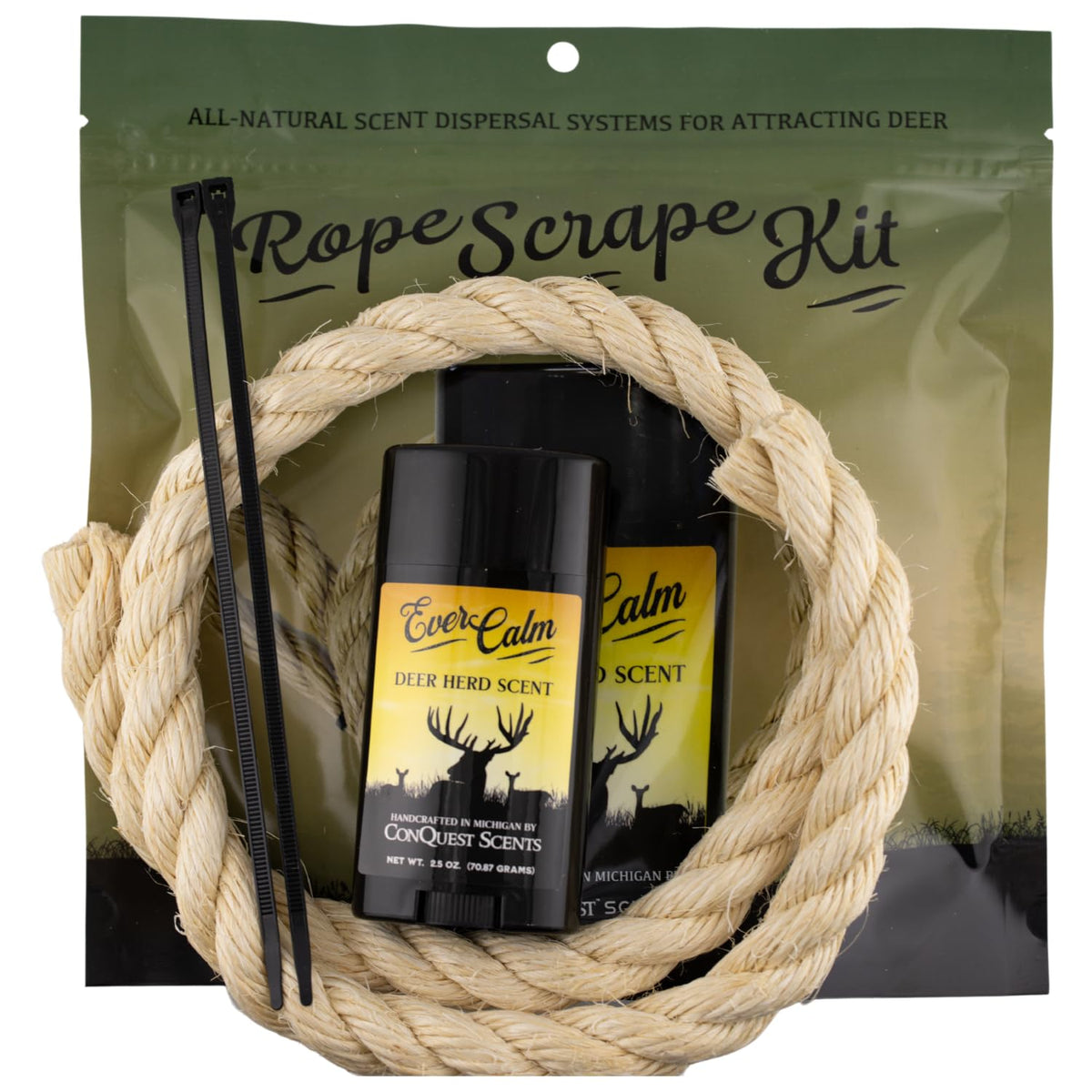 Conquest Scents Rope Scrape Kit rope setup attracts deer and supports trail camera traffic.