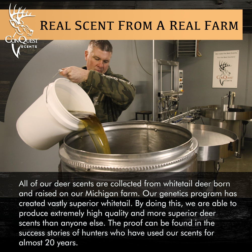 Conquest Scents RuttingBuck stick on boots marks scent path for deer response.