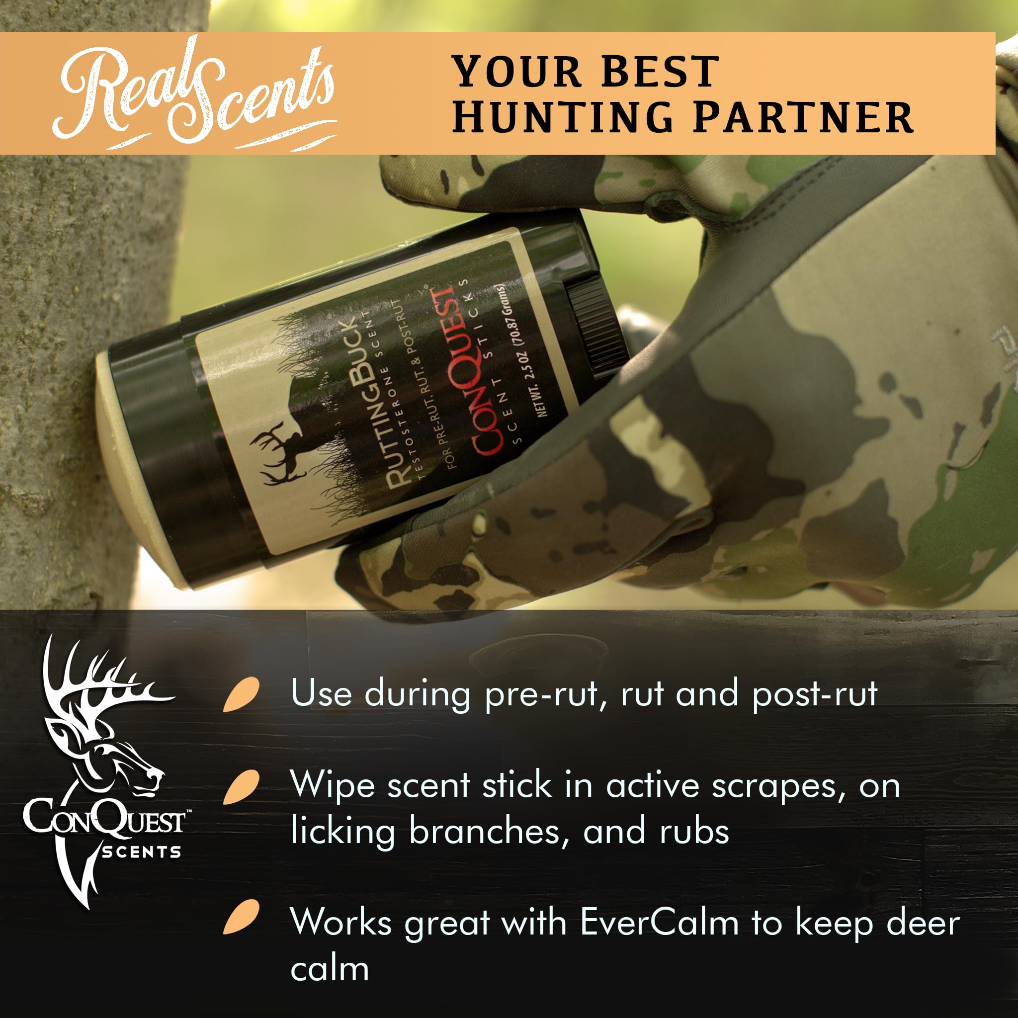 Conquest Scents EverCalm deer scent stick releases authentic bedding scent in cover.