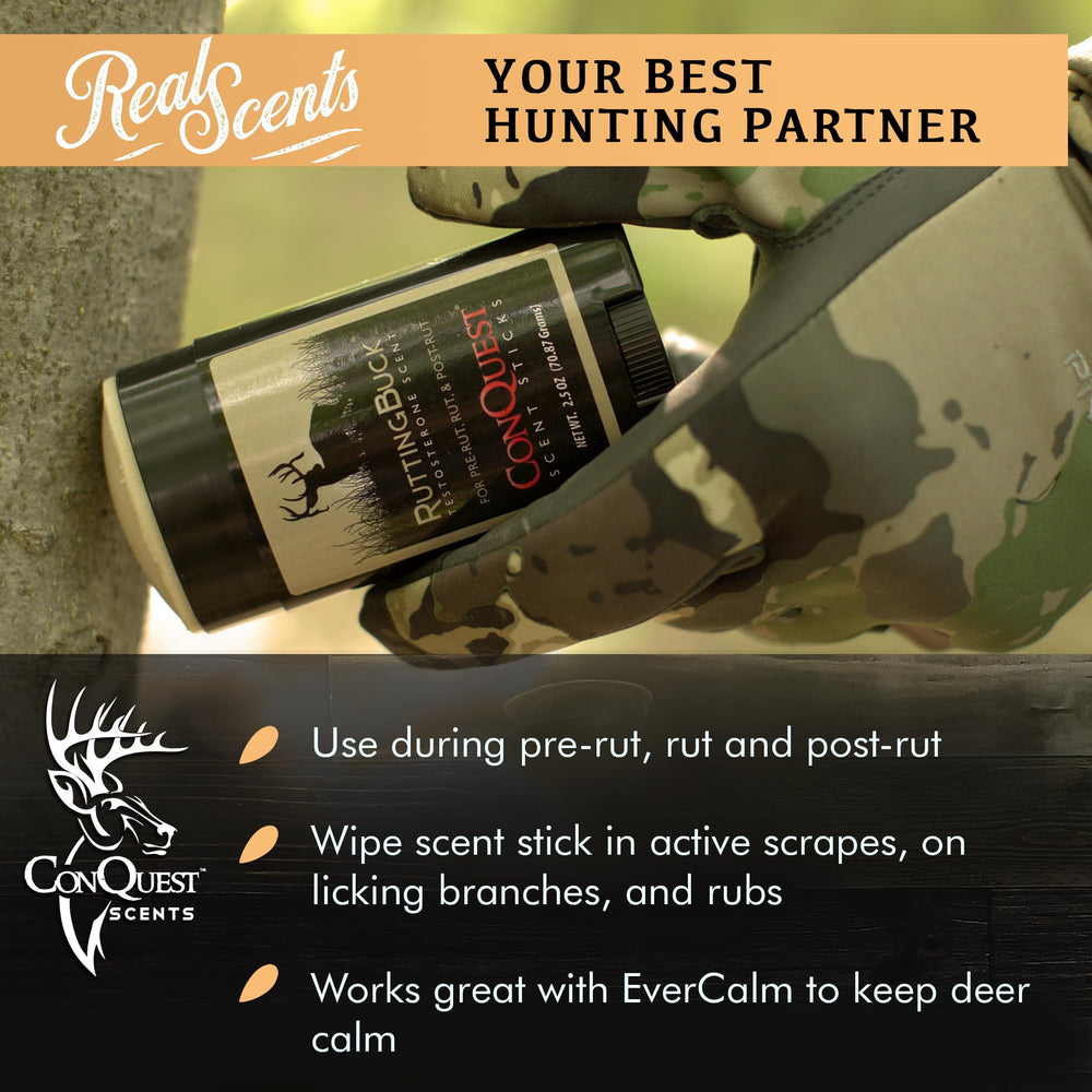 Conquest Scents EverCalm deer scent stick releases authentic bedding scent in cover.