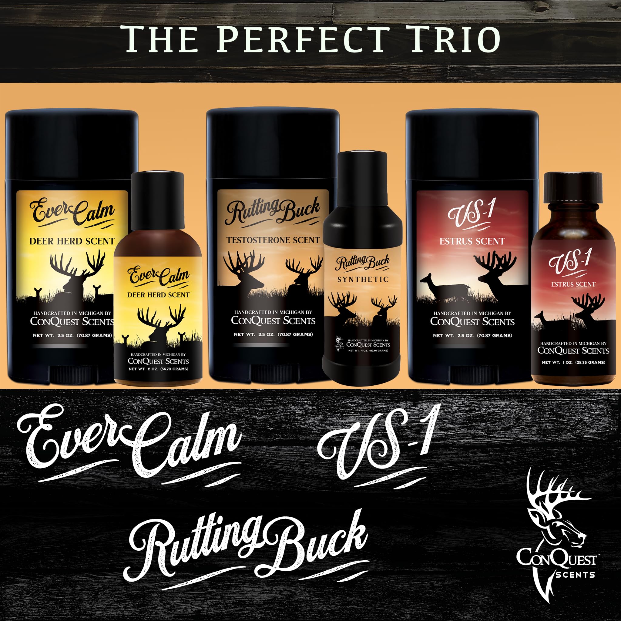 Conquest Scents Trio packaging closeup shows compact, resealable design.