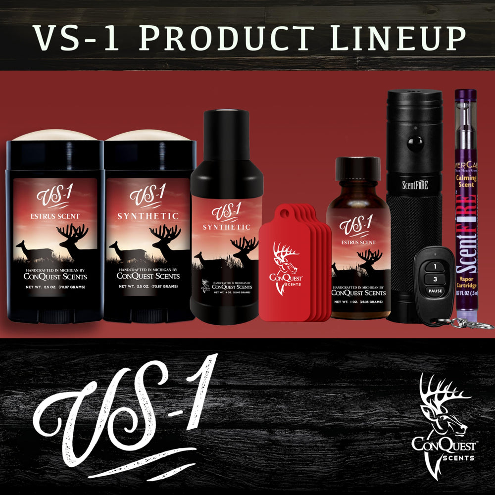 Conquest Scents Vs-1 wax-stick shows weather-resistant formula for reliable hunting days.