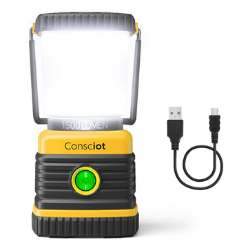 Consciot C02 lantern front view highlighting 1500 lumens for campsite lighting