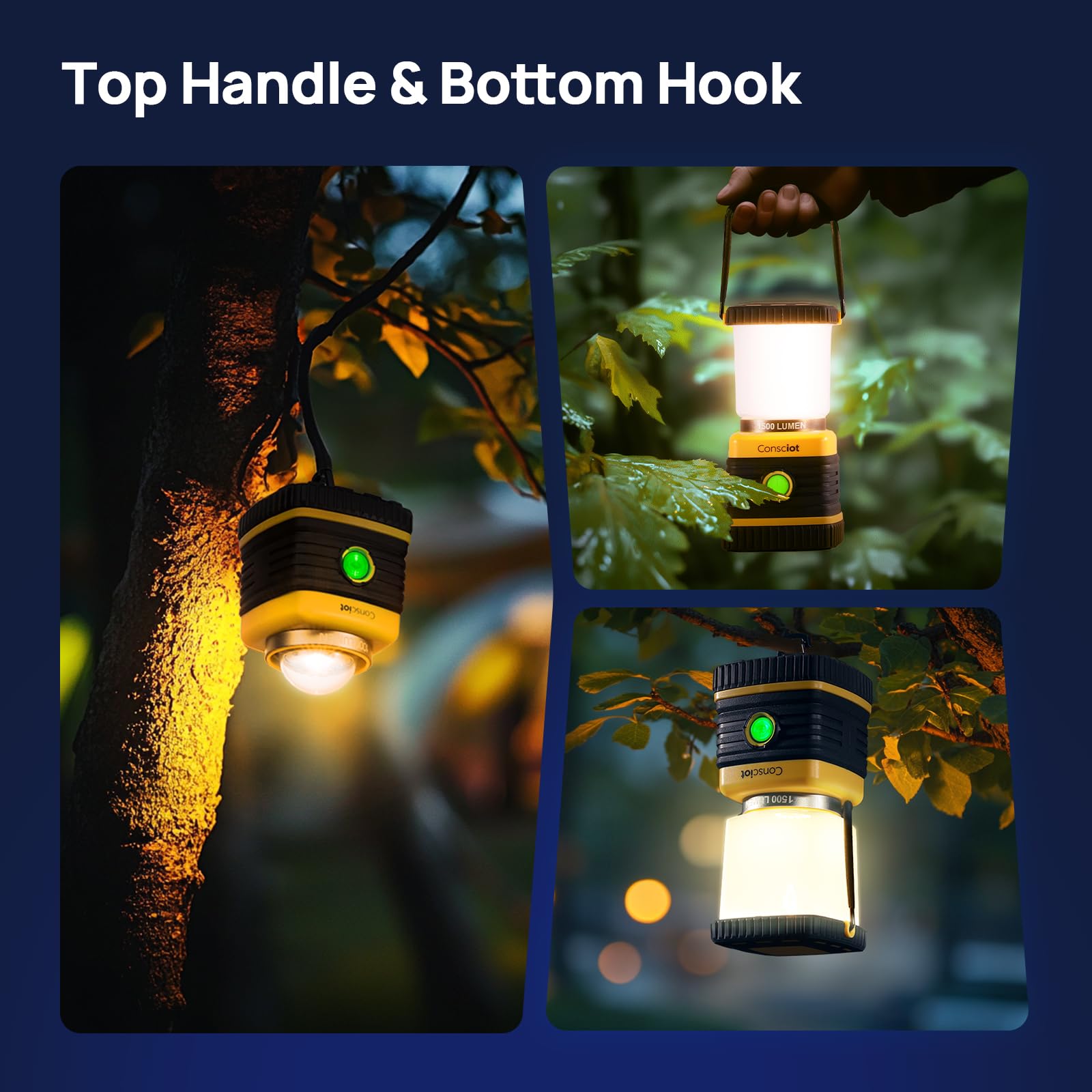 Consciot C02 lantern top handle and bottom hook offer flexible hanging options.