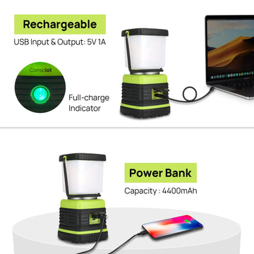 IPX4 waterproof Consciot lantern withstands splashes during rainy camping.