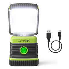 Consciot LED camping lantern shows 1000LM brightness for outdoor clarity.