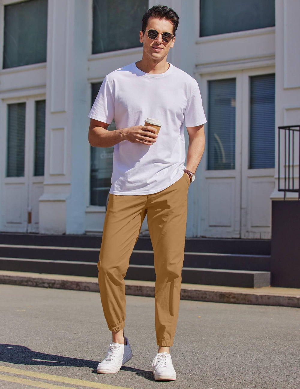 COOFANDY casual joggers brown front view shows relaxed fit and versatile styling