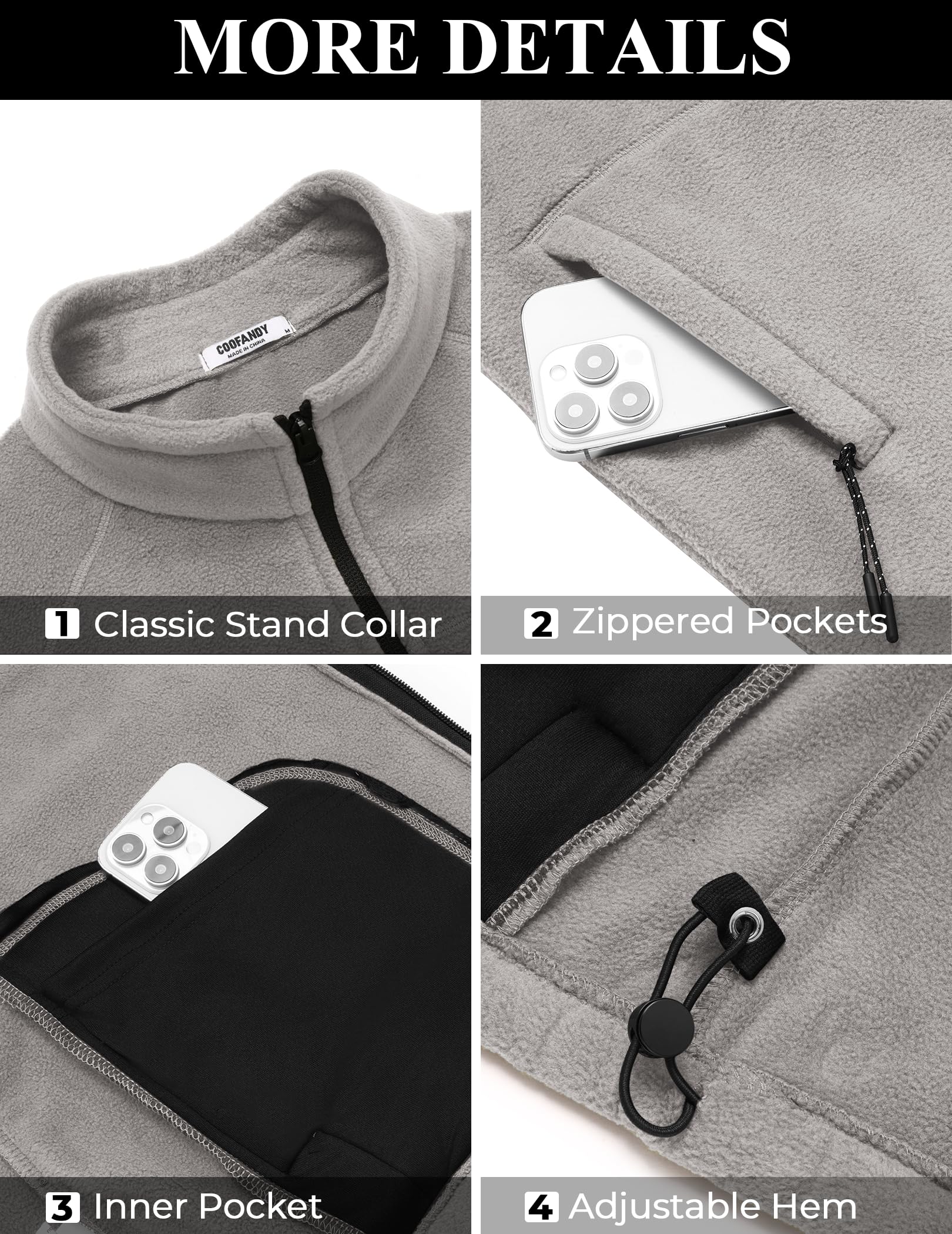 COOFANDY men's fleece jacket stand collar and zip for everyday layering
