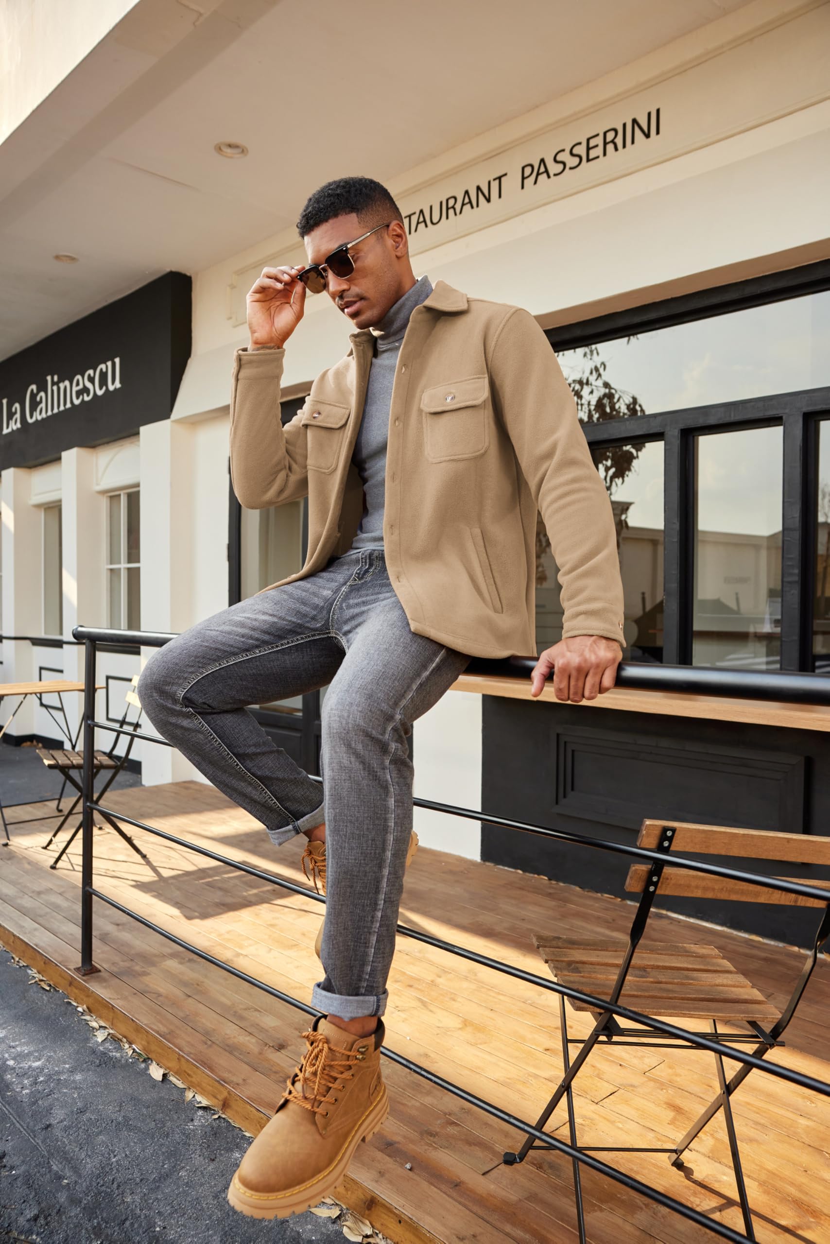 COOFANDY polar fleece shacket back view reveals relaxed fit for movement.