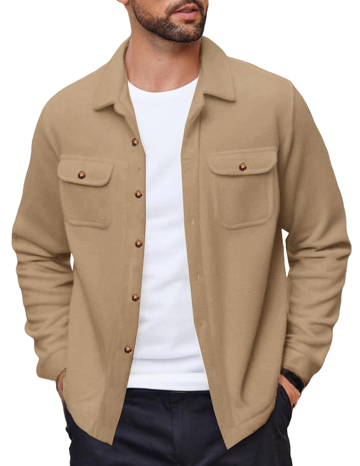 COOFANDY polar fleece shacket front view shows versatile warmth for daily wear.