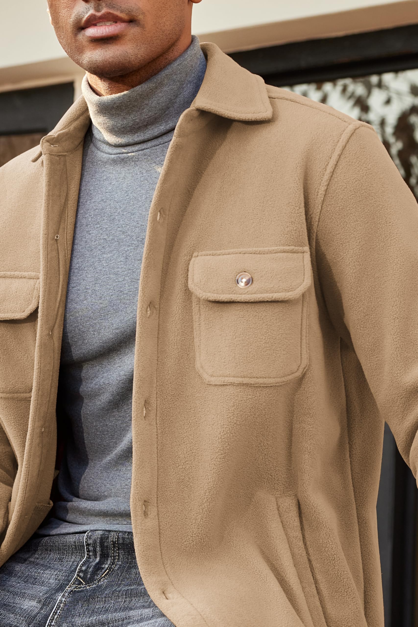 COOFANDY polar fleece shacket model wearing demonstrates easy layering for fall outfits.
