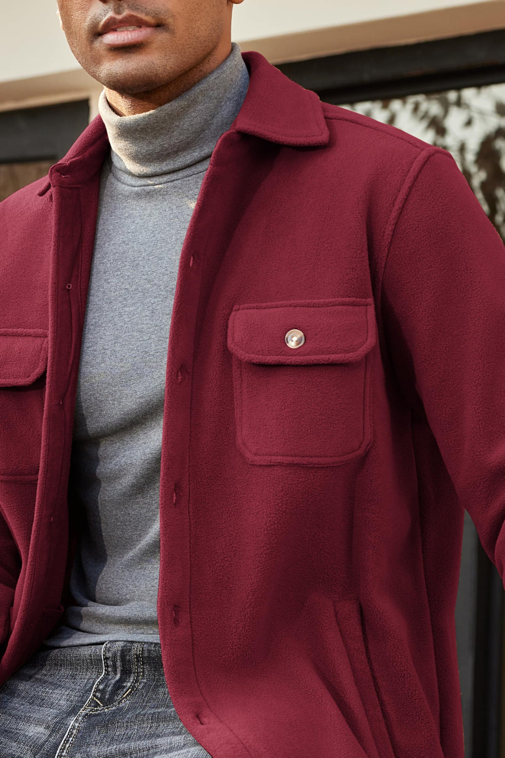 COOFANDY polar fleece shacket pocket detail highlights hand-warming and secure chest pockets