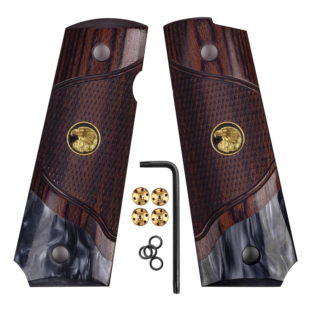 Cool Hand 1911 wood grips on rosewood with black pearl improve grip control and aesthetics.