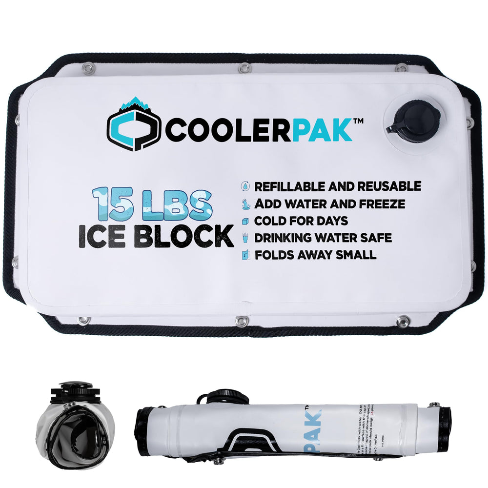 CoolerPak 15lb ice pack being filled with water for long-lasting chill