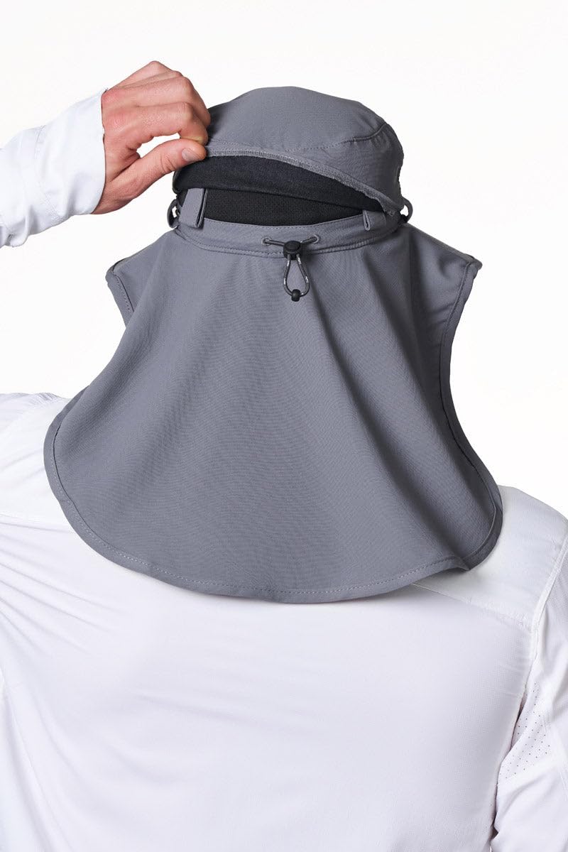 Coolibar Reflective clip-on chin strap improves visibility for early outings.