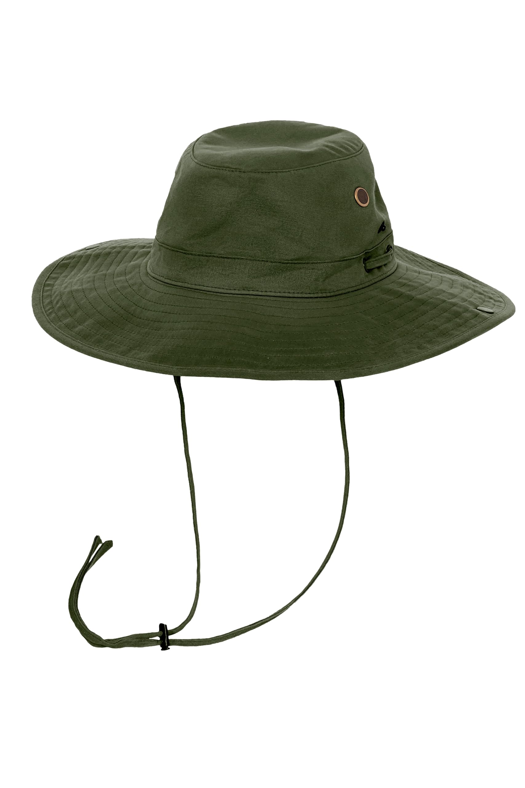 Coolibar men's cotton hat Charlie Forest Green brim closeup highlights the wide brim for shade.