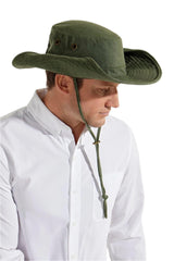 Coolibar men's cotton hat Charlie Forest Green front view provides sun protection for outdoor days.