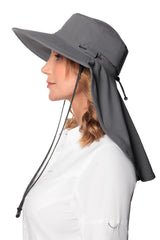 Coolibar Stevie Ultra clip-on Face Mask attached for sun and dust protection.