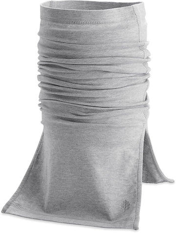 Coolibar sun neck gaiter packaging image emphasizes easy care and portability