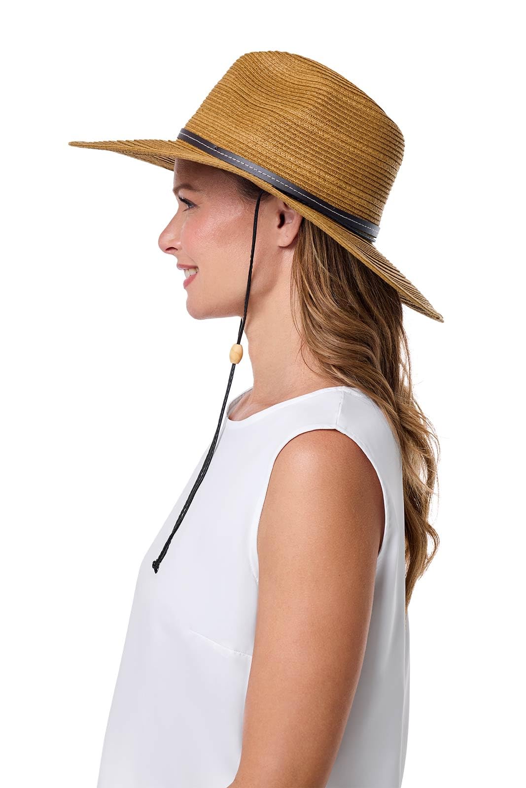 Coolibar Tempe sun hat back view highlights comfortable fit and internal ribbon adjustment.