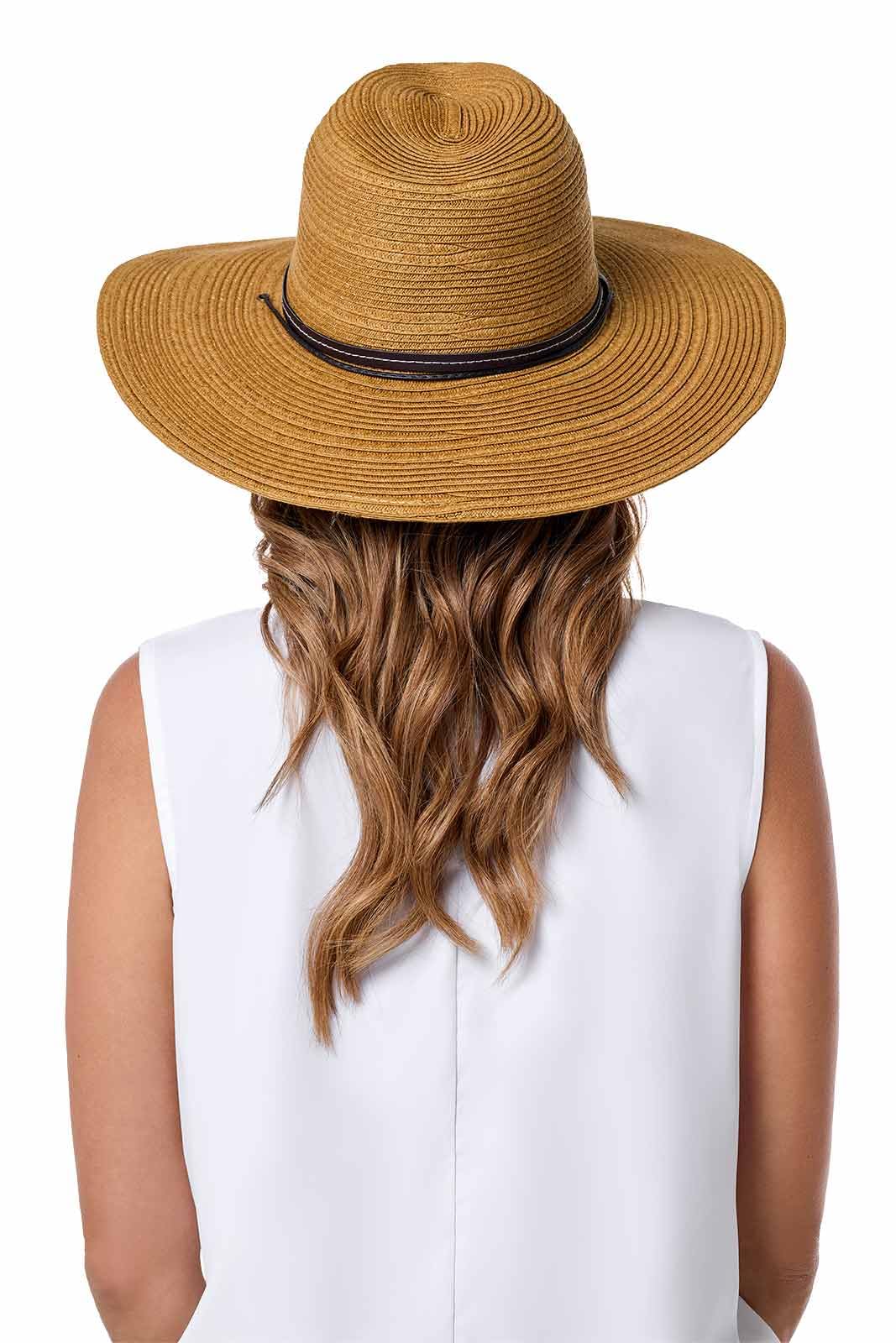 Coolibar Tempe sun hat close-up of chin cord with adjustable wooden bead.