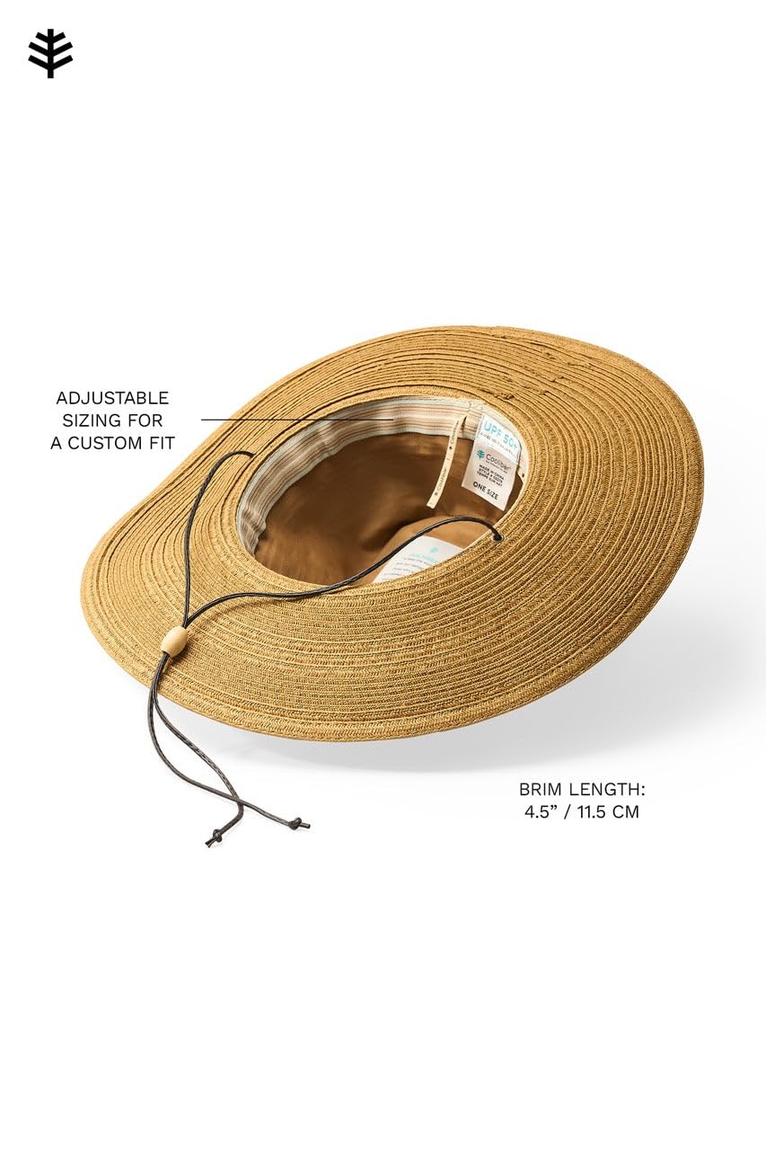 Coolibar Tempe sun hat packed flat for travel-friendly storage.